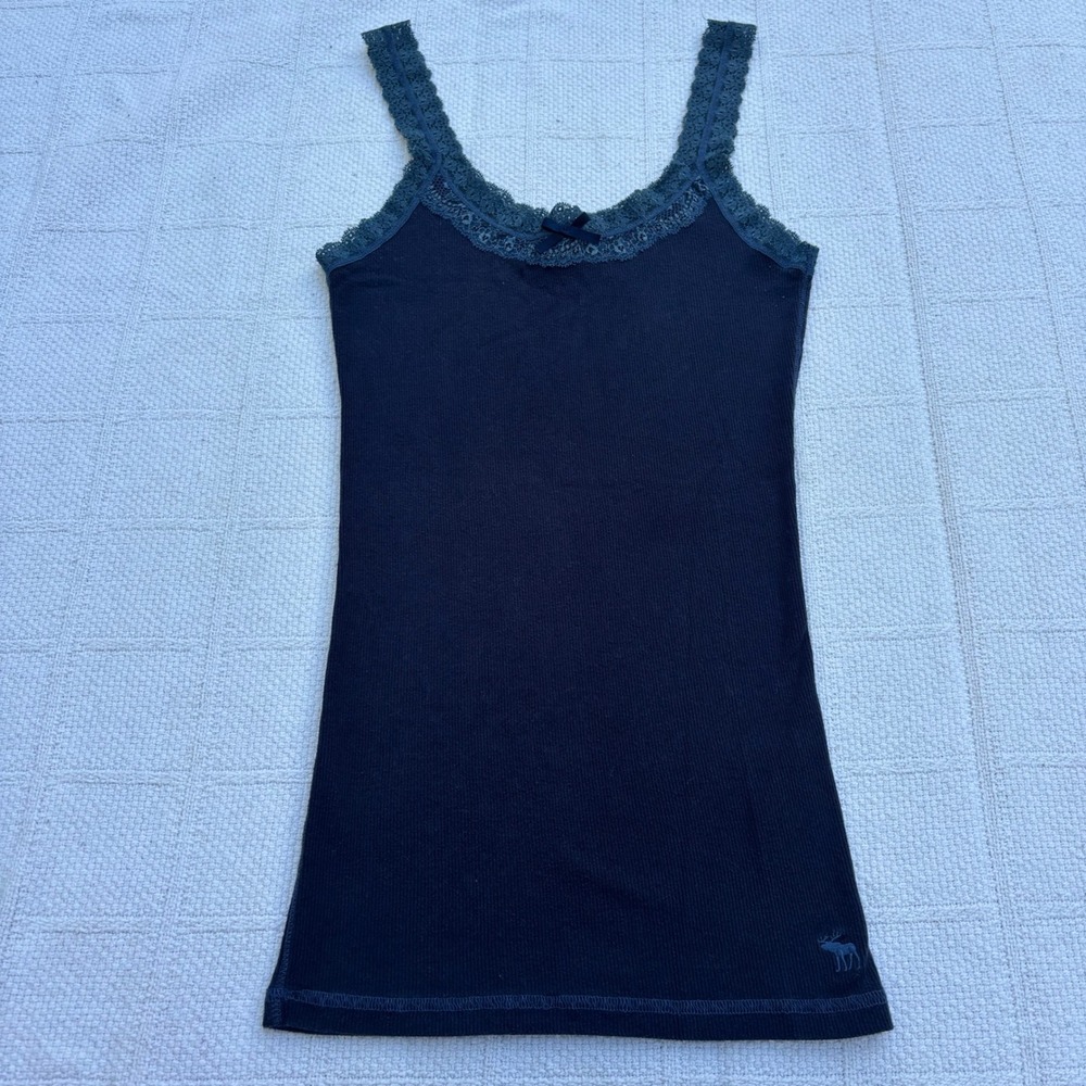 Women's XL ABERCROMBIE Navy Blue Cute Stretch Lace Trim Bow Ribbed Tank Top